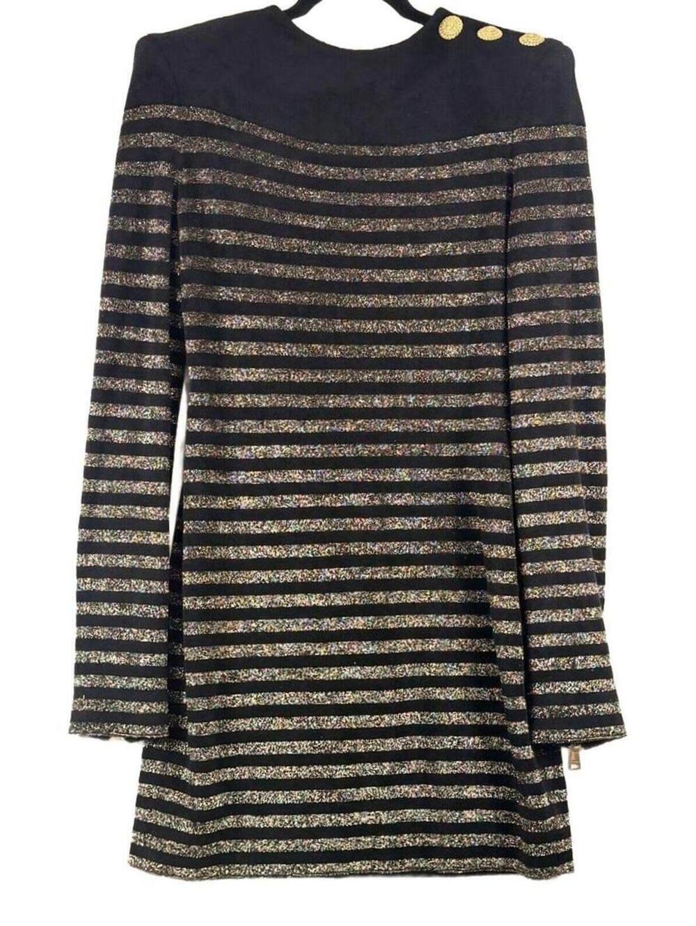 Balmain Metallic Striped Button-Shoulder Knit Mini Dress Black Gold Size 44 (12)